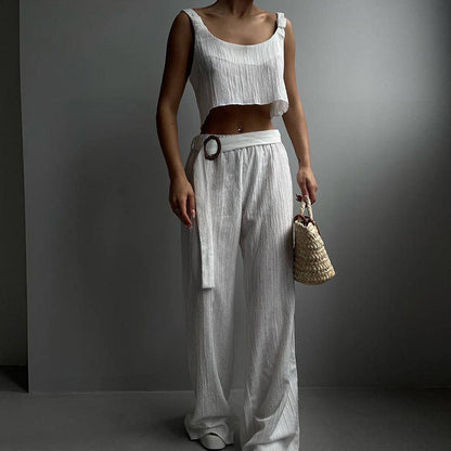 Dame Two-Piece Sæt – Crop Top og Vide Bukser – Let og Åndbart Design