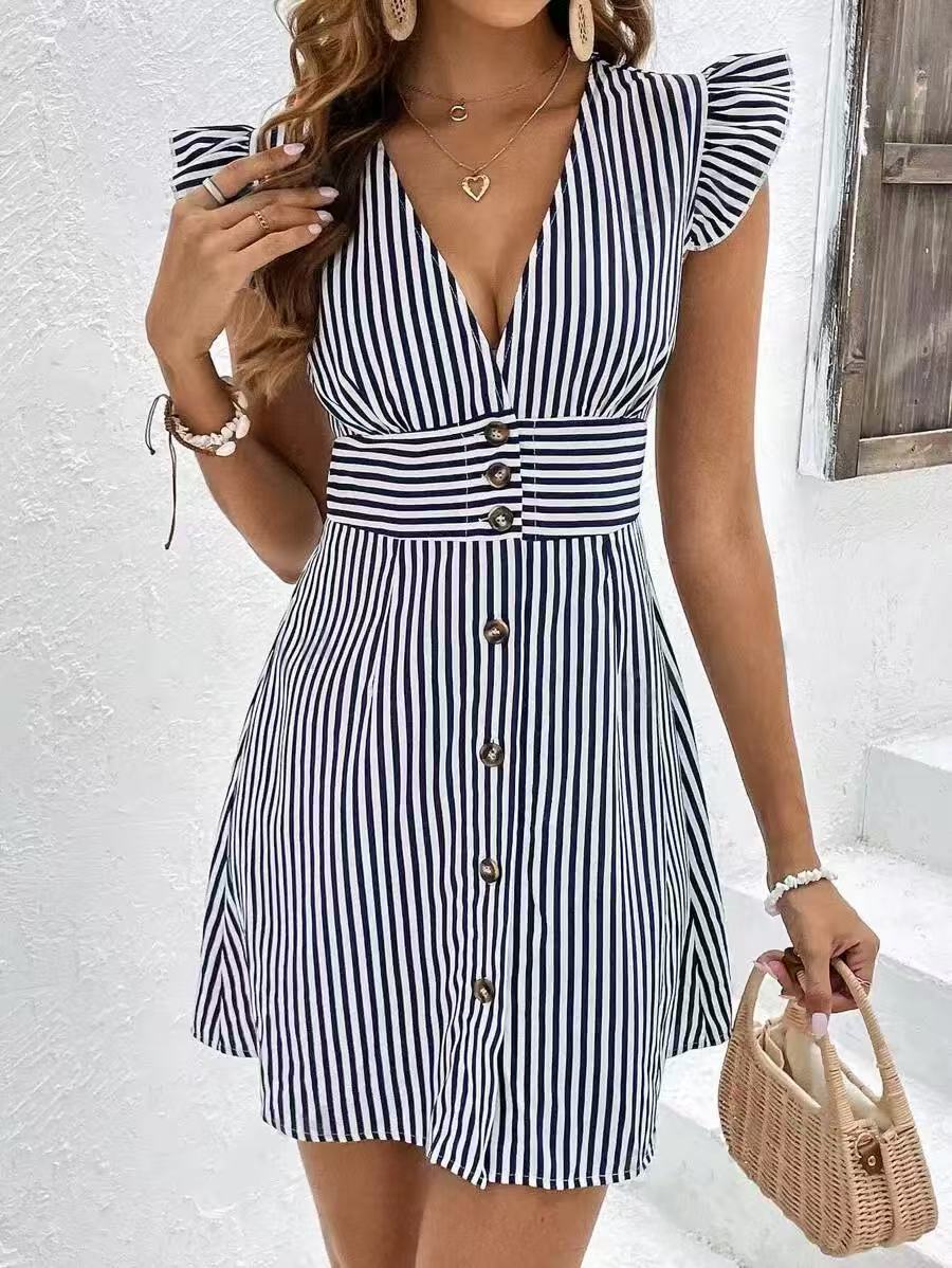 Women's Dress – V-neck A-line – Ruched Cap Sleeves – Button Closure – Striped Lightweight Fabric