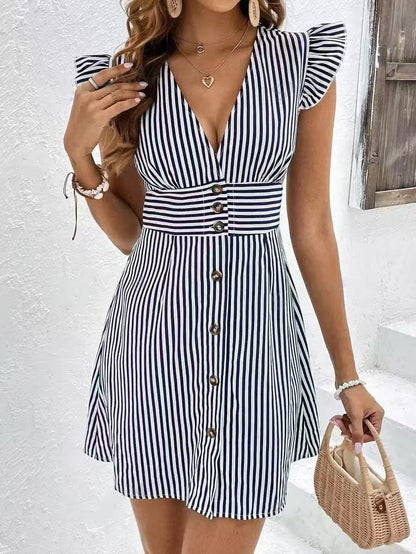 Women's Dress – V-neck A-line – Ruched Cap Sleeves – Button Closure – Striped Lightweight Fabric
