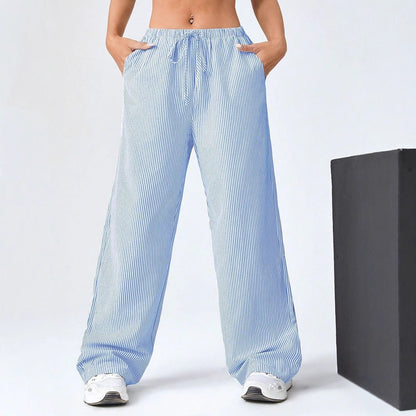 Women's Pants – Straight Leg – Relaxed Fit – Drawstring Waist – Striped – Breathable Mix