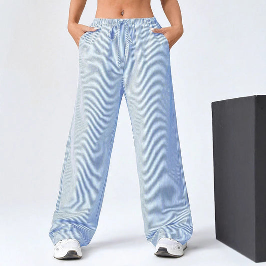 Women's Pants – Straight Leg – Relaxed Fit – Drawstring Waist – Striped – Breathable Mix