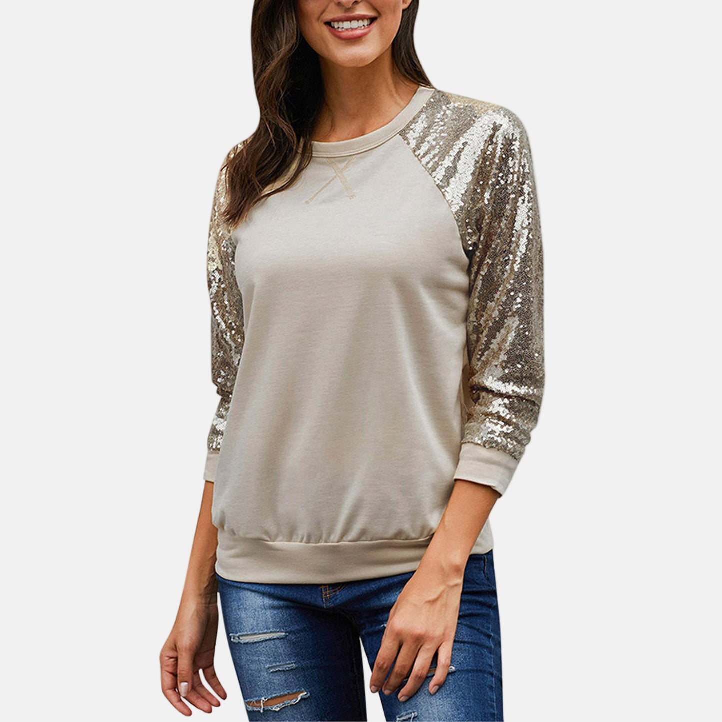 Elena Sequin Sleeve Relaxed Fit Sweatshirt | Crewneck Sparkle Detail Pullover