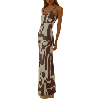 Women's Maxi Dress – Bodycon Fit – Abstract Print – Spaghetti Straps – Stretch Fabric