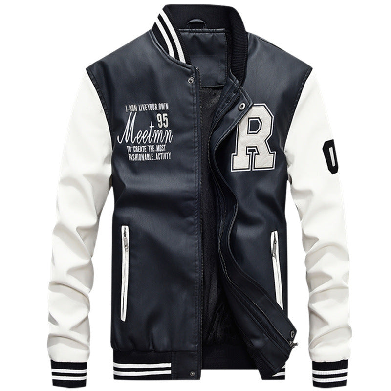 Men's Baseball Jacket – Classic Varsity Fit – Leather Look – Ribbed Edges – Snap Closure