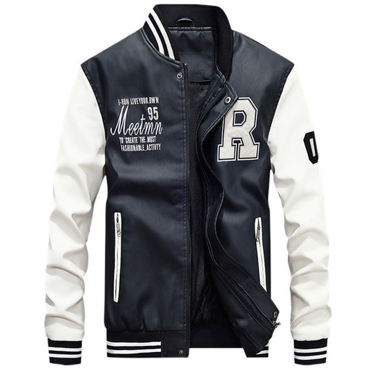 Men's Baseball Jacket – Classic Varsity Fit – Leather Look – Ribbed Edges – Snap Closure