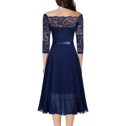 Elegant lace cocktail dress for women - Off-Shoulder - 3/4 sleeves