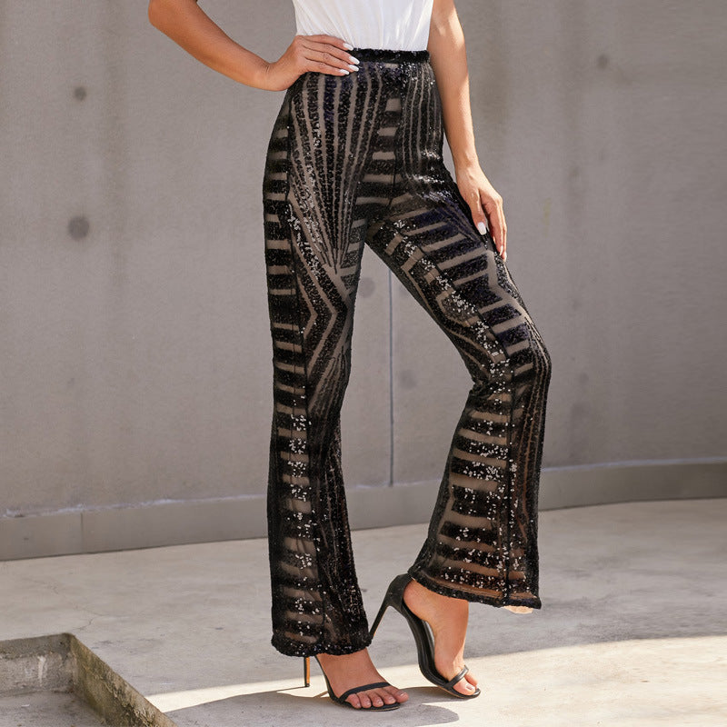 Women's Pants – High Waist – Sequin Pattern – Wide Leg – Elegant Full Length
