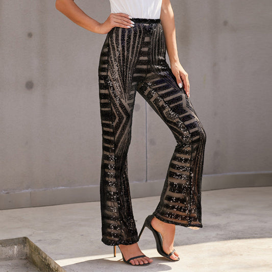 Women's Pants – High Waist – Sequin Pattern – Wide Leg – Elegant Full Length