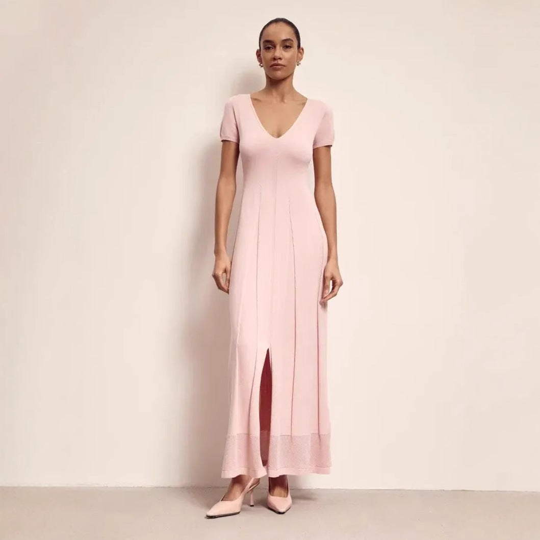 Women's Maxi Dress – Slim Fit – V-Neck – Short Sleeves – Pleated with Front Slit