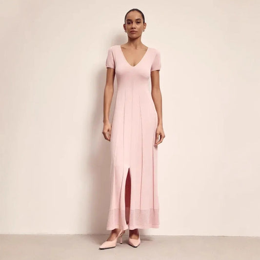 Women's Maxi Dress – Slim Fit – V-Neck – Short Sleeves – Pleated with Front Slit