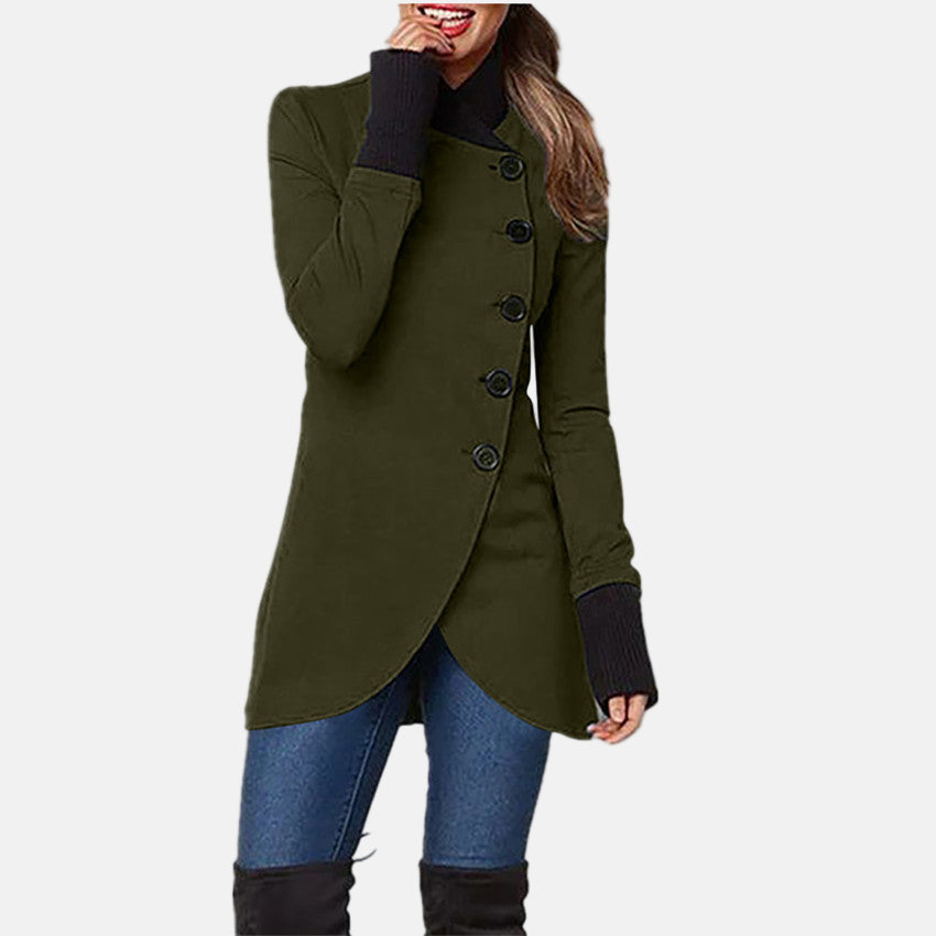 Women's Coat – Asymmetric Button Closure – High Collar – Long Sleeved – Elegant Fit