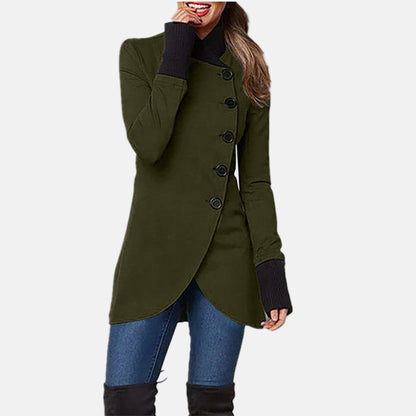 Women's Coat – Asymmetric Button Closure – High Collar – Long Sleeved – Elegant Fit
