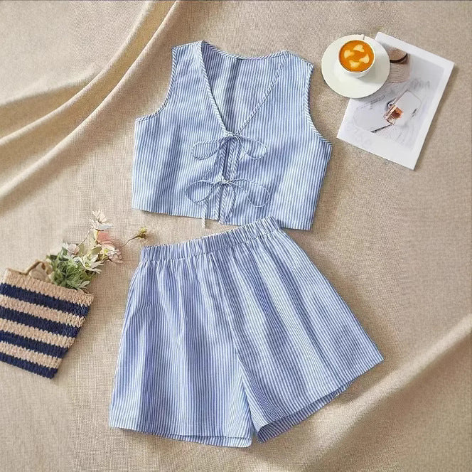 Women's Crop Top – Sleeveless – V-Neck with Bow Detail – Striped – Breathable Material