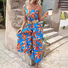 Women's Jumpsuit – Tailored Waist – Floral Print – Sleeveless – Wide Legs – Light and Breathable