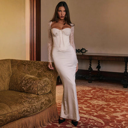 Dress for Women – Evening Long – Satin Bodycon – Lace Sleeves – Heart-Shaped Bustier
