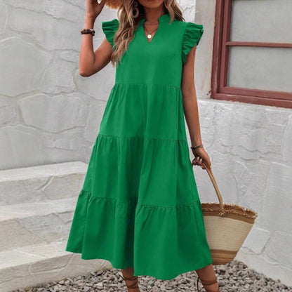 Women's Midi Dress – V-Neck – Short Sleeves with Ruffles – Relaxed Fit – Fitted Waist