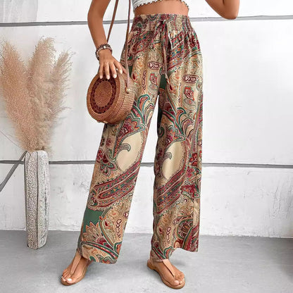 Women's Trousers with Wide Legs – Relaxed Fit – Elastic Waist – Boho Pattern – Light and Breathable