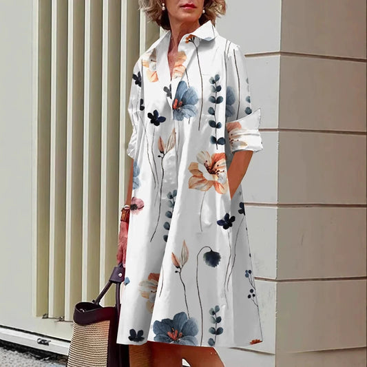 Women’s Shirt Dress – Artistic Floral Print – Relaxed Fit – Button Front – Pocket Detail
