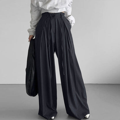 Women's Trousers with Wide Legs – High-Waisted – Light Material – Striped – Tie Belt and Pleats