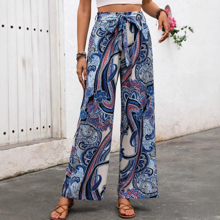 Women's Pants – Wide Leg – High Waist Tie Belt – Bohemian Print – Light Breathable Quality