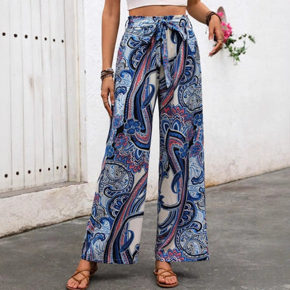 Women's Pants – Wide Leg – High Waist Tie Belt – Bohemian Print – Light Breathable Quality