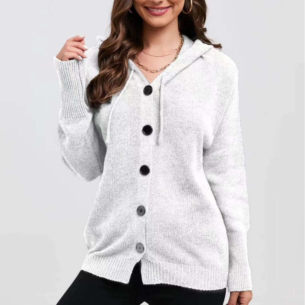Women's Cardigan with Hood – Knit – Relaxed Fit – Button Closure – Ribbed Edges