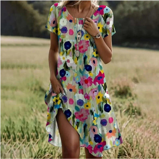 Dress for Women – Relaxed Fit – Short Sleeve – Round Neck – Floral Print – Knee Length – Breathable Quality