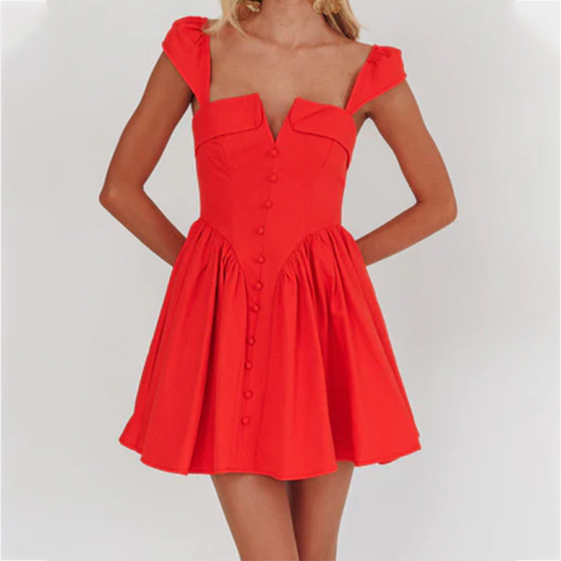 Women's Short-Sleeved Dress – Fitted Bodice – Pleated A-Line Skirt – Breathable Material