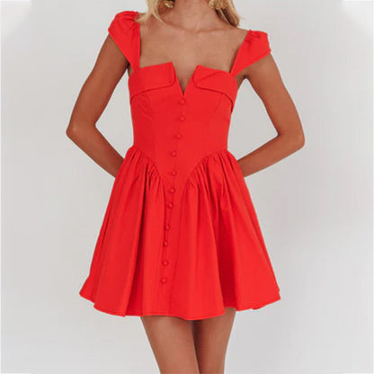 Women's Short-Sleeved Dress – Fitted Bodice – Pleated A-Line Skirt – Breathable Material