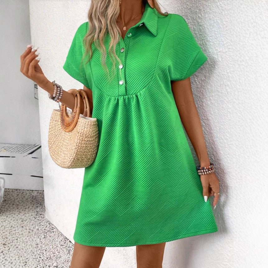 Women's Polo Dress – Relaxed Fit – Textured Fabric – Short Batwing Sleeves