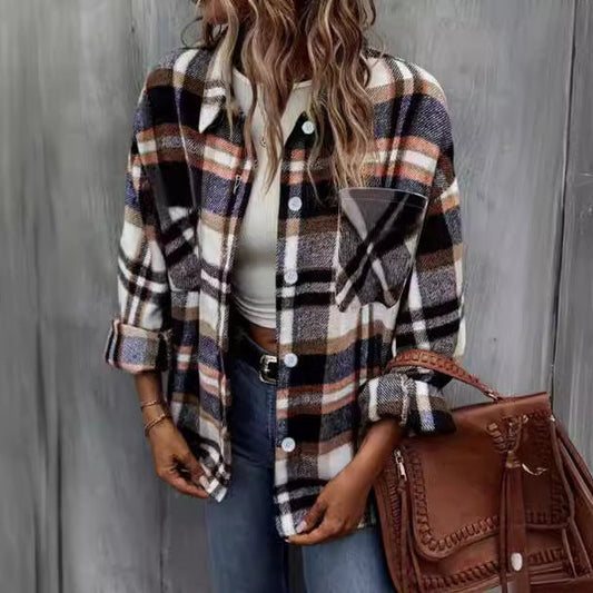 Women's Coat Jacket – Wool – Relaxed Fit – Checkered Pattern – Single Breasted – Casual Style