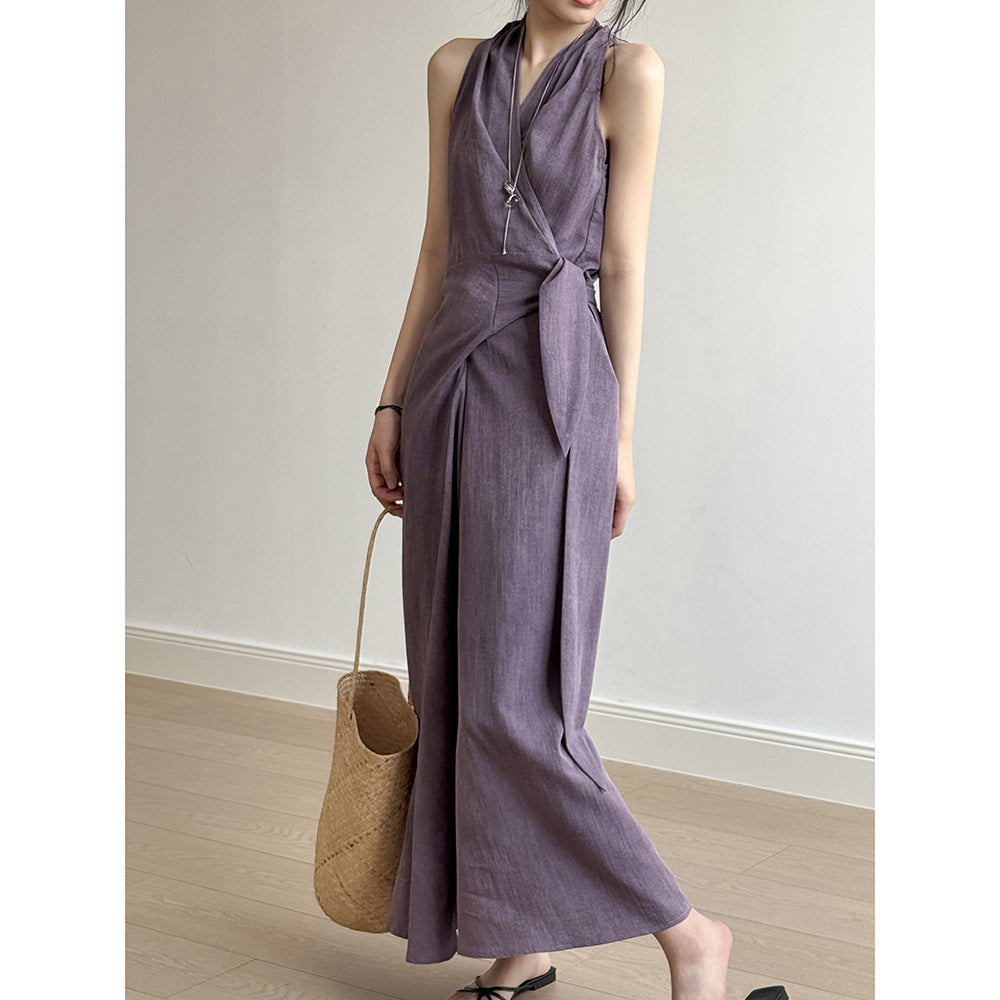 Dress for Women – Halterneck – Slim Fit – V-Neck – Belted Waist – Long and Airy