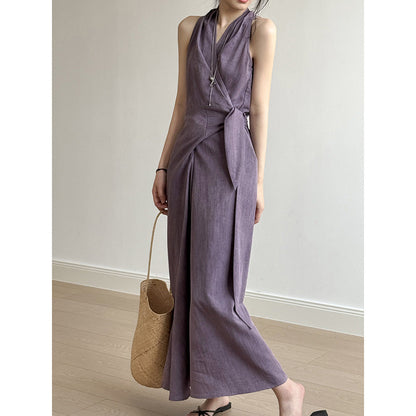 Dress for Women – Halterneck – Slim Fit – V-Neck – Belted Waist – Long and Airy