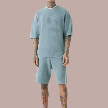 Men's Set – Relaxed Fit – Short-Sleeved Top and Matching Shorts – Soft Ribbed Texture