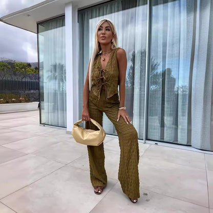 Women's set with top and pants – V-neck – Tie band – Crinkled lightweight fabric – Loose fit