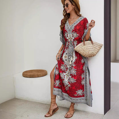Dress for Women – Maxi Dress with Loose Fit – V-Neck – Short Wide Sleeves – Elegant Pattern Design
