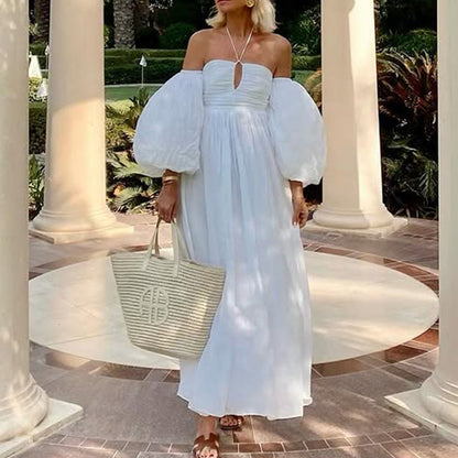 Women's Maxi Dress – Off Shoulder – Puff Sleeves – Front Cut – Flowy Fit