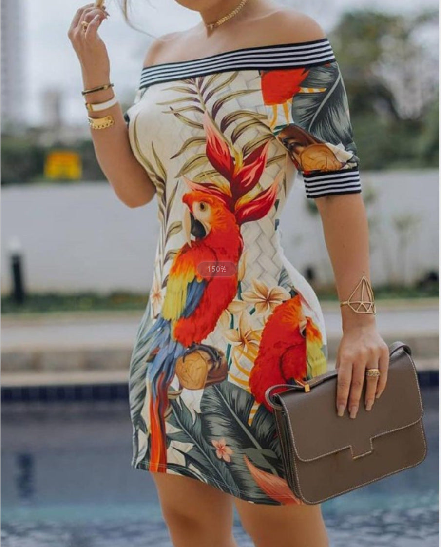 Women's Off-Shoulder Dress – Slim Fit – Mini Length – Breathable Lightweight – Graphic Print