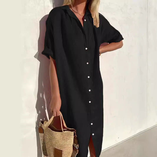 Women's Shirt Dress – Cotton Linen Mix – Relaxed Fit – Button Closure – Short Sleeve
