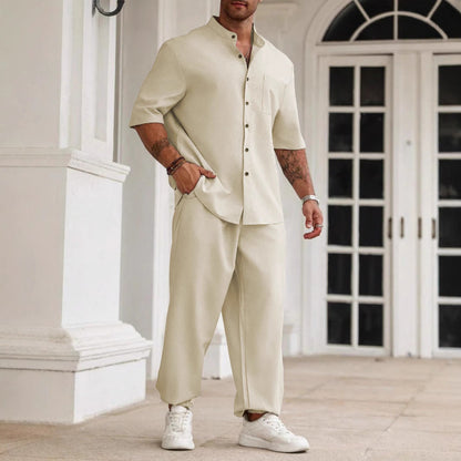 Men's Set – Relaxed Fit – Cotton/Linen – Short-Sleeved Shirt and Pants
