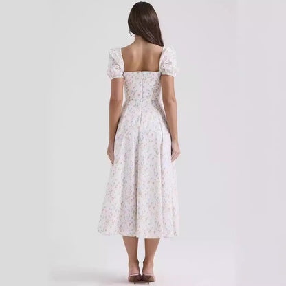 Women's Midi Dress – A-line Fit – Light Cotton – Square Neckline – Puff Sleeves – Slit