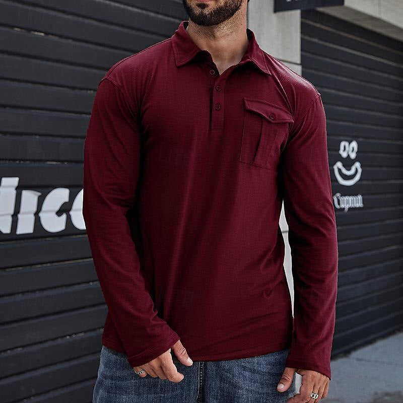 Men's Henley Polo with Long Sleeves – Regular Fit – Breathable Cotton – Chest Pocket