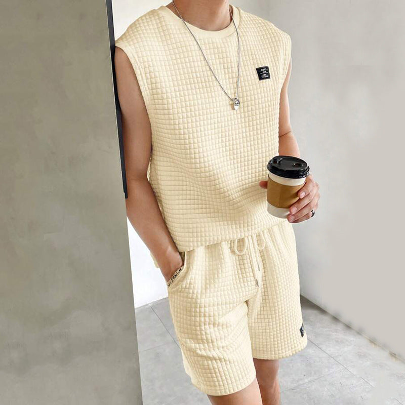 Men's Set with Sleeveless Top and Shorts – Waffle Knit – Relaxed Fit – Loungewear