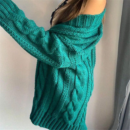 Women's Knit Sweater – Oversized Fit – Wool Blend – Cable Knit – V-Neck – Long Sleeves
