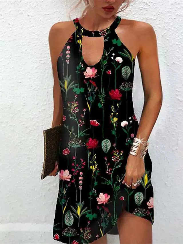 Women’s Sleeveless Mini Dress – Halter Neck – Relaxed Fit – Printed Summer Style