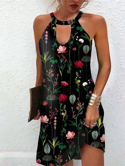 Women’s Sleeveless Mini Dress – Halter Neck – Relaxed Fit – Printed Summer Style