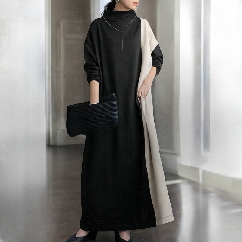 Dress for Women – Maxi Length – Loose Fit – Long Sleeves – High Neck – Contrast Side Panel
