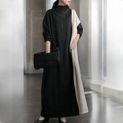 Dress for Women – Maxi Length – Loose Fit – Long Sleeves – High Neck – Contrast Side Panel