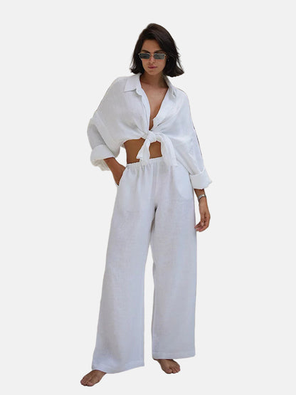 Women's Set – Linen Blend – Oversized Fit – Long Sleeve Shirt & Wide Pants