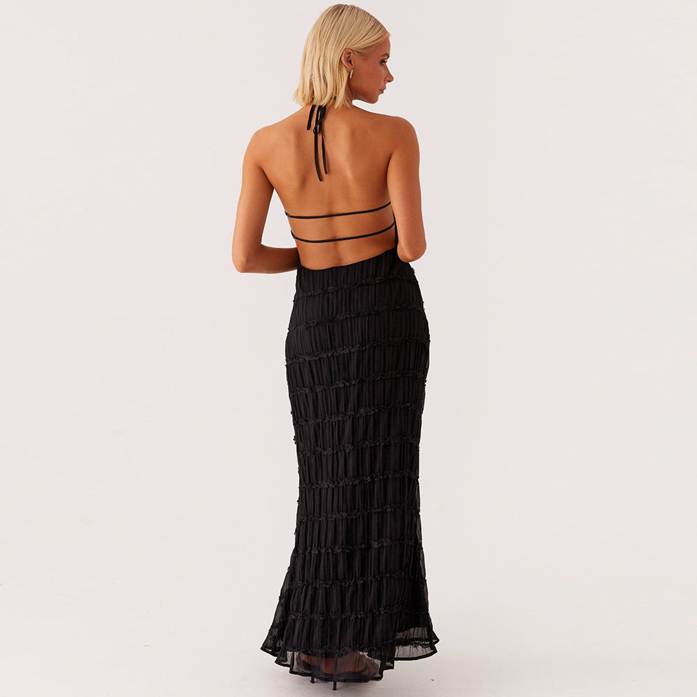 Women's Maxi Dress – Fitted Silhouette – Halterneck – Ruched Texture – Open Back